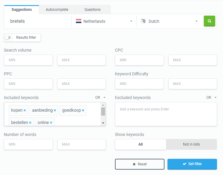 Filters gebruiken om buyer intent woorden te vinden met kwfinder