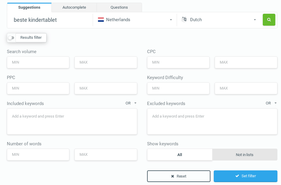 Zoekwoordenfilter snel in en uitschakelen voor je onderzoek