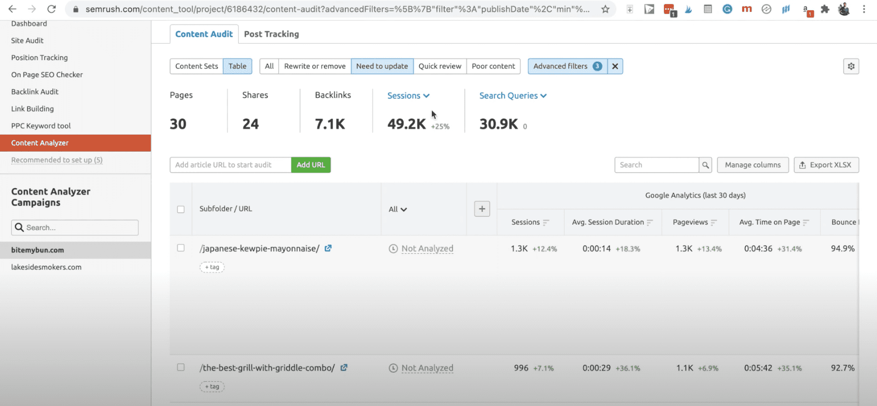 Semrush needs to update content audit table