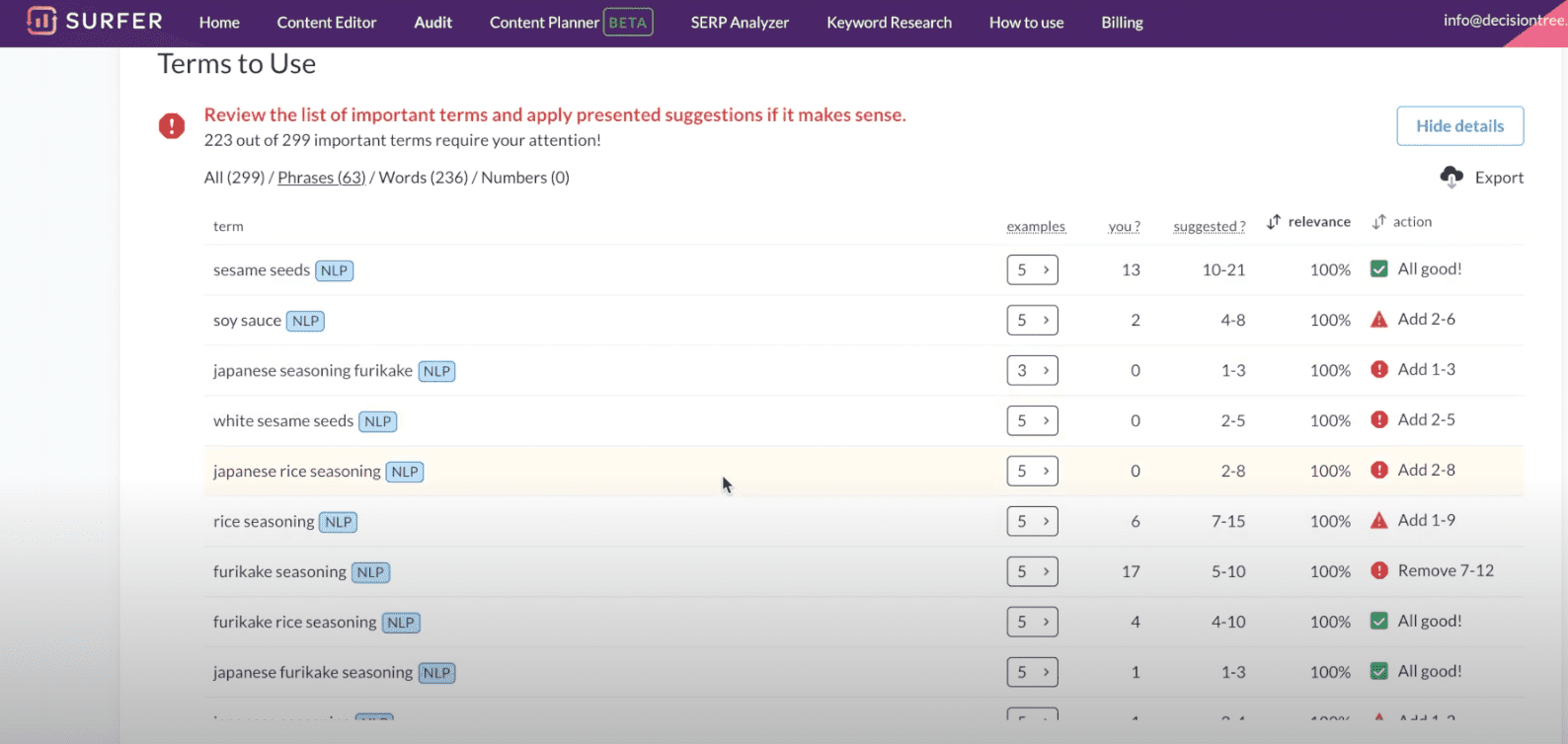 Surferseo content audit terms to use