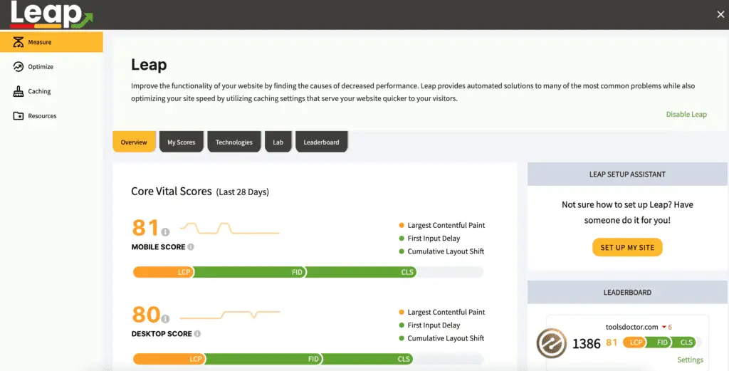 Ezoic Leap core web vitals measurements