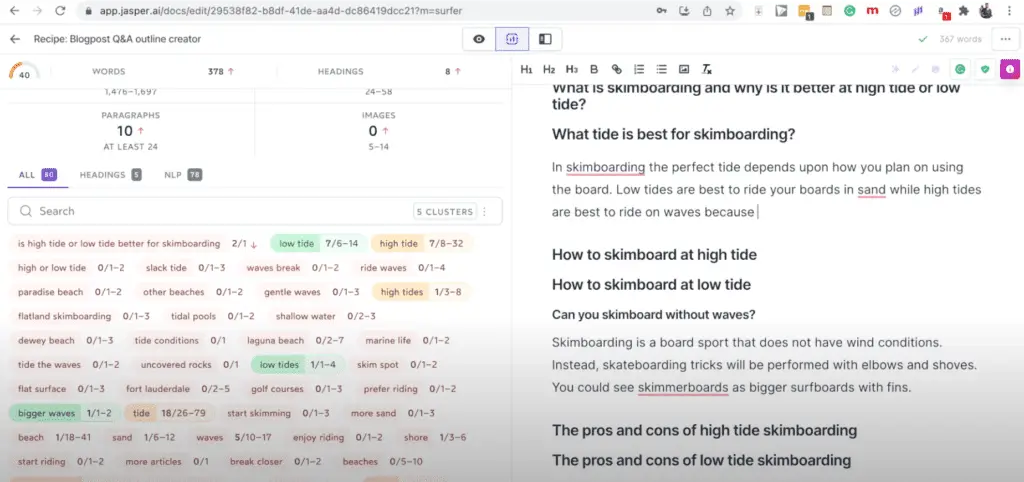 Surferseo keyword suggestions within Jasper ai